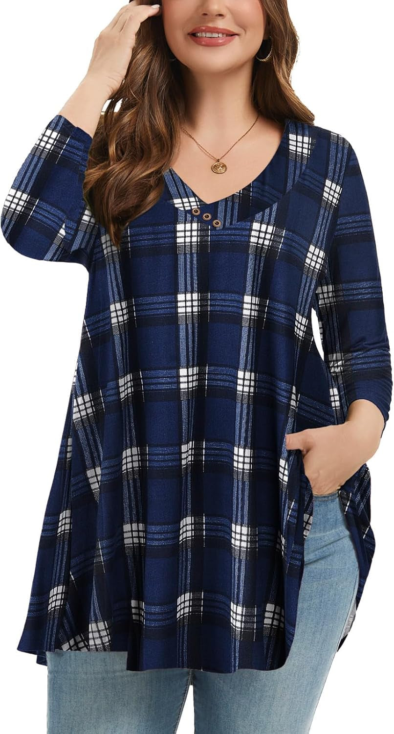 plus Size Tunic Women'S 3/4 Sleeve Tops and Blouses V Neck Shirts Loose Basic Tee