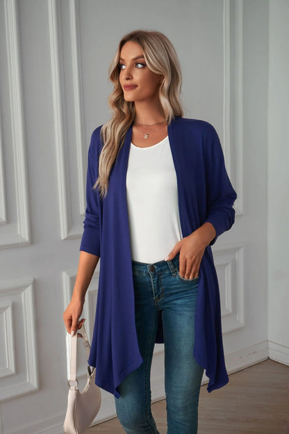 Women'S Basic Casual Lightweight Long Sleeve Drape Open Front Cardigan, Navy Blue-L(12-14)