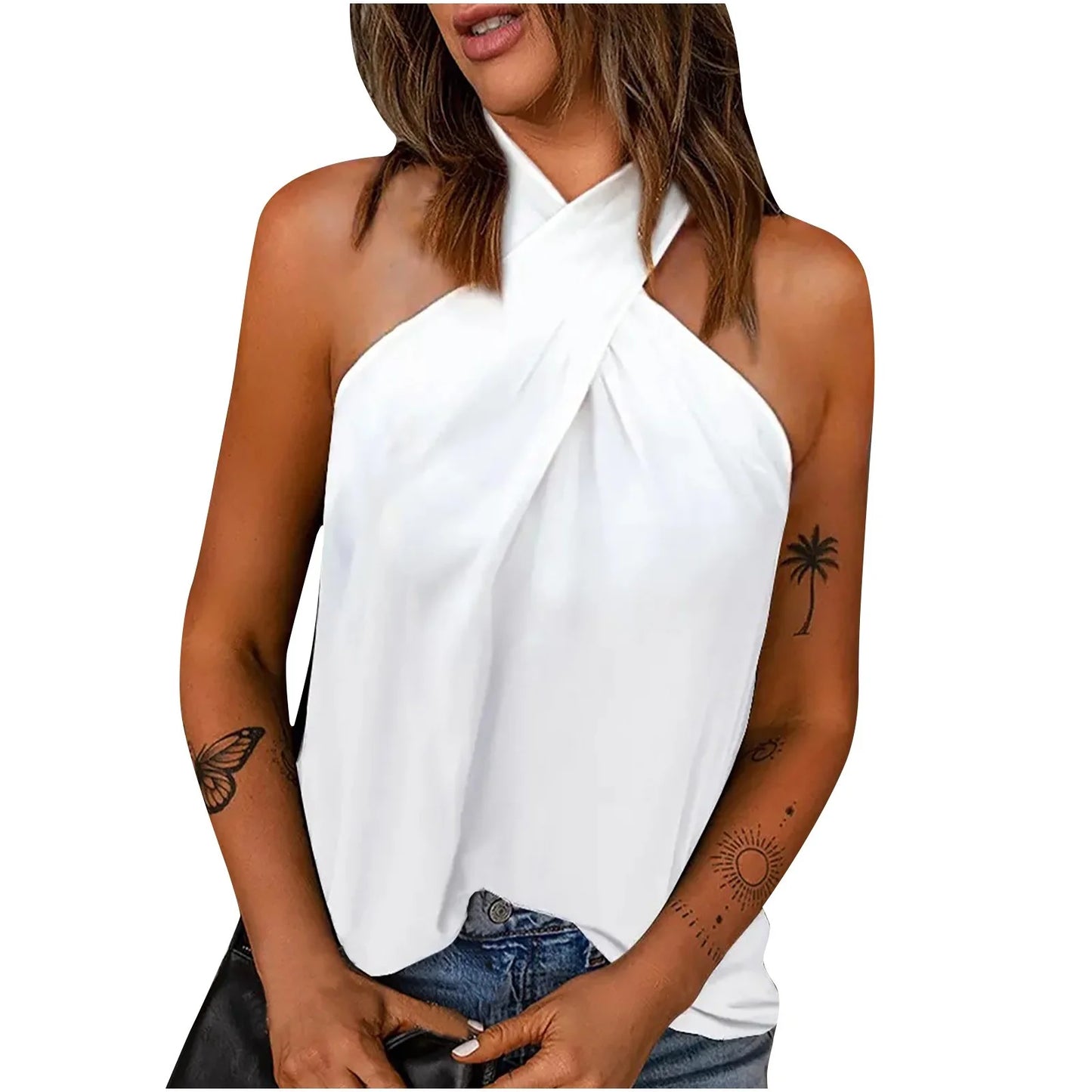 Short Sleeve Shirts for Women White Casual Sleeveless Solid T-Shirt Blouse Tops