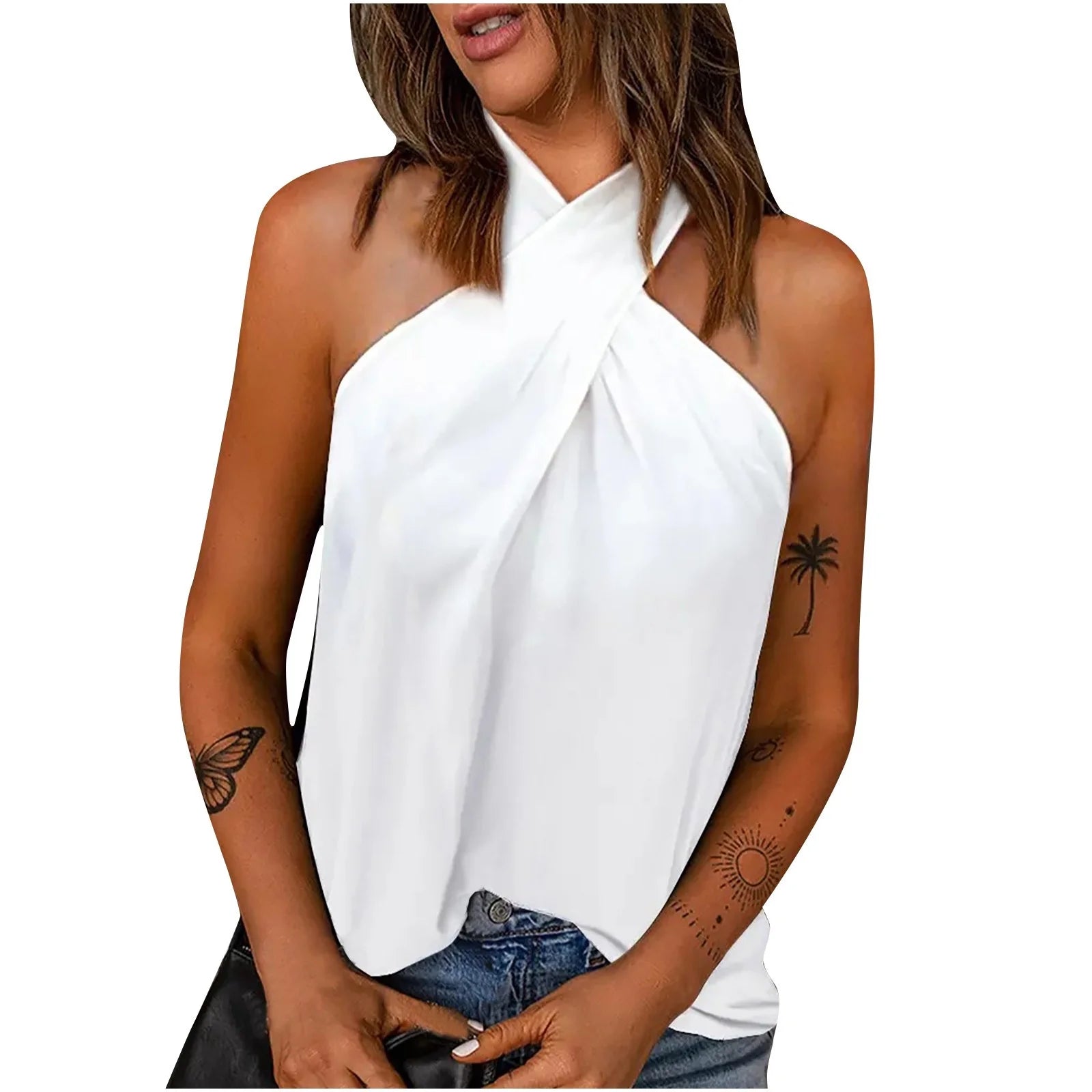 Short Sleeve Shirts for Women White Casual Sleeveless Solid T-Shirt Blouse Tops