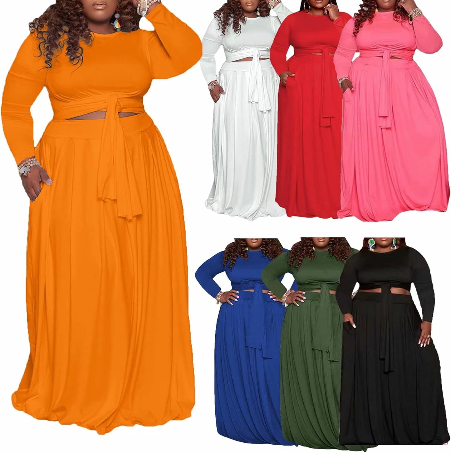 Plus Size Women 2 Piece Outfits Long Sleeve Maxi Skirts Sweatsuits Sets Casual Tracksuits with Pockets, Blue, 5X-Large