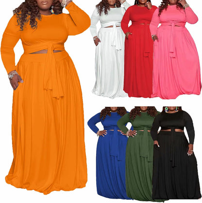 Plus Size Women 2 Piece Outfits Long Sleeve Maxi Skirts Sweatsuits Sets Casual Tracksuits with Pockets, Blue, 5X-Large