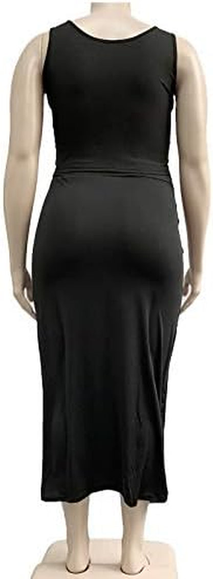 Women Sexy plus Size 2 Piece Dress Outfit Solid Tank Top Midi Skirt Set Black XL