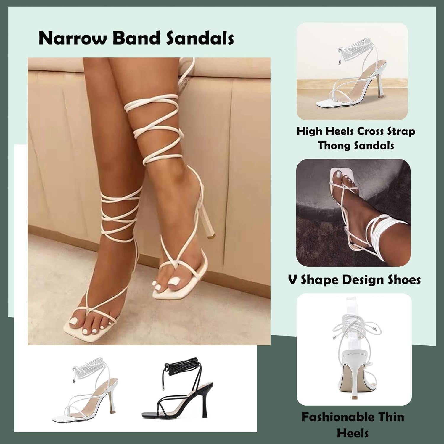 Womens Square Toe Sandals Stiletto Heels Ankle Strap Lace up Dress Heeled Sandal Wedding Party Shoes White