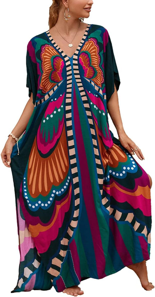 Kaftan Dresses for Women plus Size Lightweight Swimsuit Cover up Batwing Sleeve Print Loungewear Beach Robe