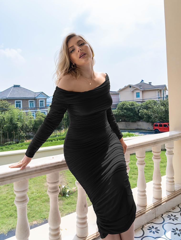 Women Sexy off Shoulder Long Sleeve Bodycon Ruched Midi Elegant Cocktail Party Dress