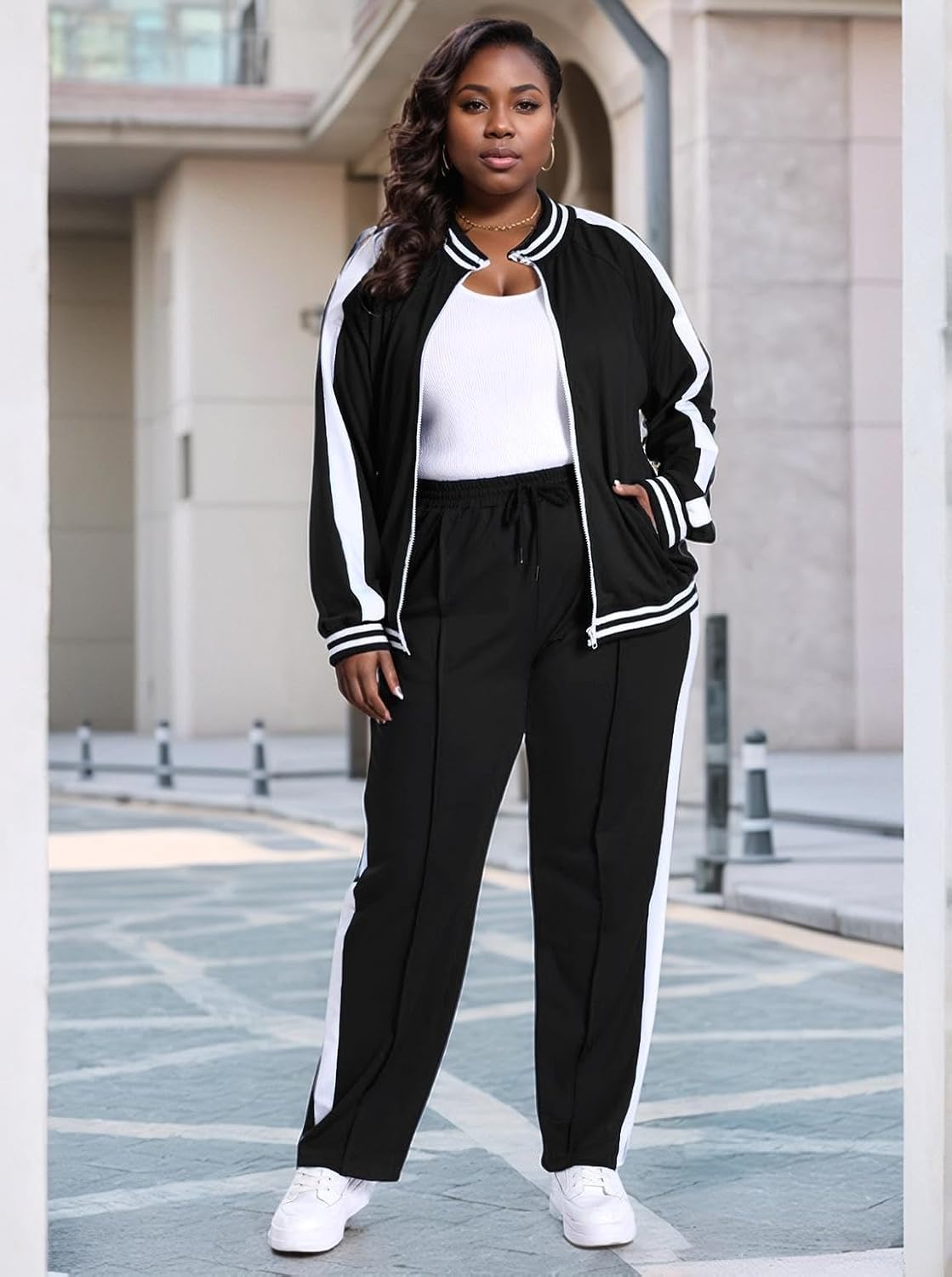 Women'S plus Size Jogging Suit 2 Piece Sweatsuit Long Sleeves Jacket & Pants Two Piece Track Set Outfit