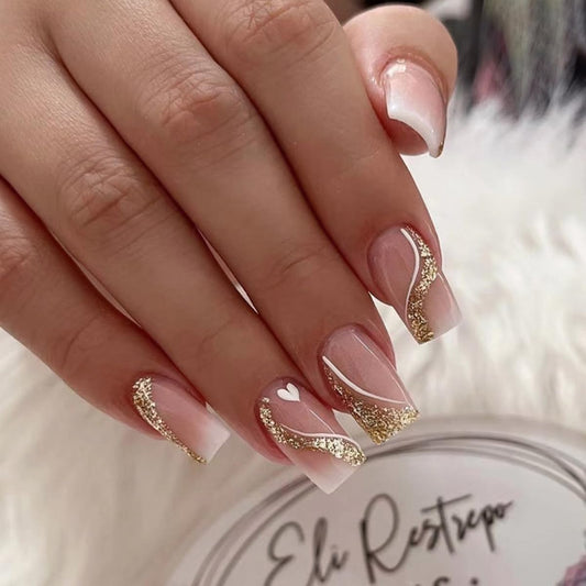 24 Pcs Nude Pink Press on Nails Medium Square -  Glitter Fake Nails with Gold Swirl Designs Glue on Nails for Women Full Cover Glitter Sequins Acrylic Artificial False Glue on Nail for Festival
