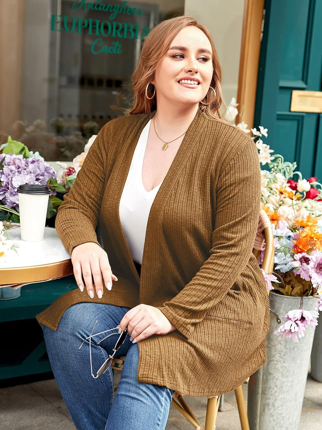 Open Front Knit Cardigan Sweaters for Women plus Size Long Sleeve Tops with Pockets Lightweight for Winter