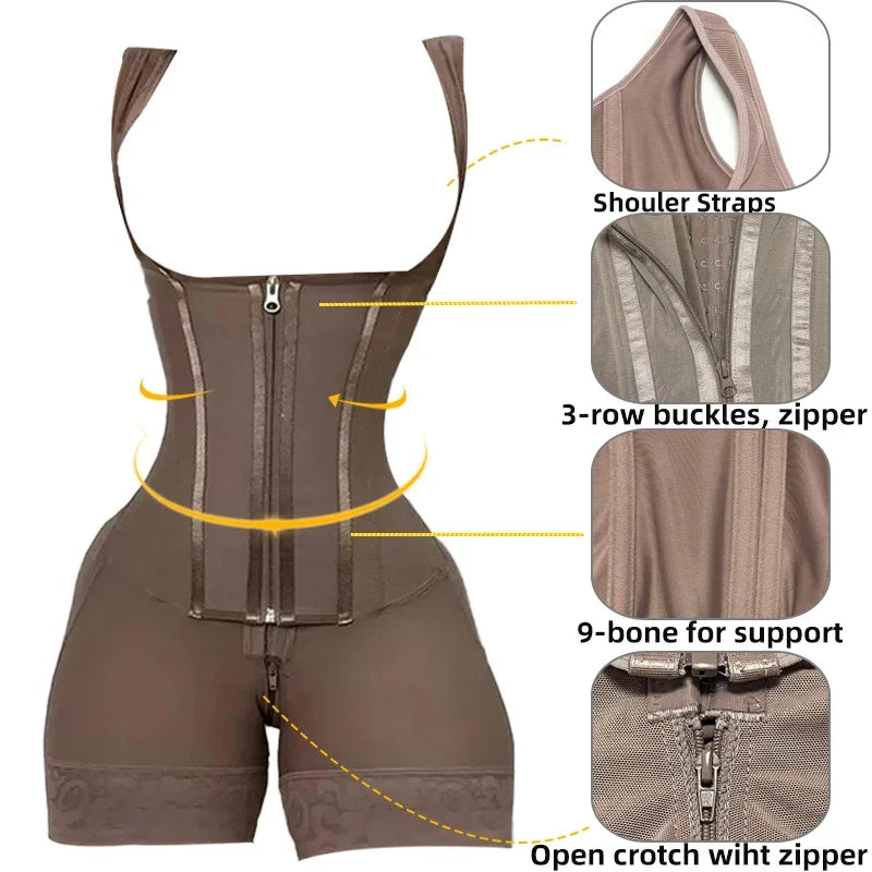 Body Shaper Shapewear Women Bodysuit Colombian Fajas 9-Bone High Compression Girdle Double Tummy Control,Open Crotch with Zipper