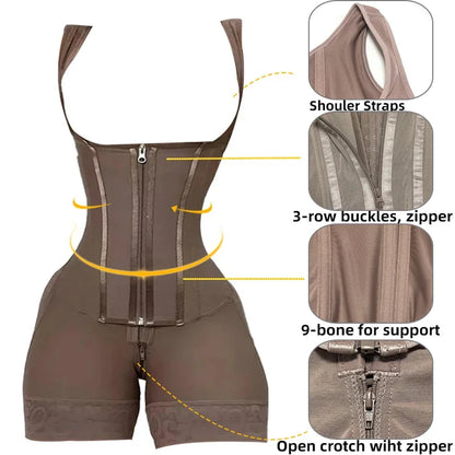 Body Shaper Shapewear Women Bodysuit Colombian Fajas 9-Bone High Compression Girdle Double Tummy Control,Open Crotch with Zipper