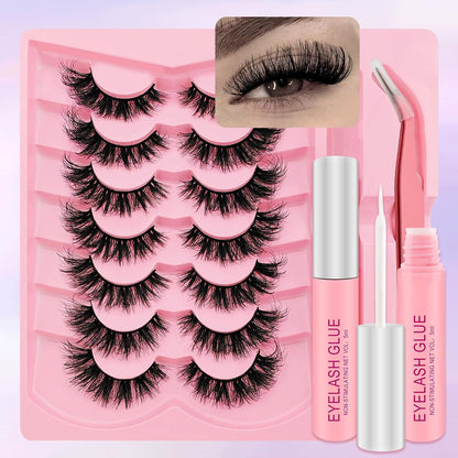 Lashes Kit with Glue and Tweezer Cat-Eye Lashes Flu-Ffy 18Mm Fox Eye Lashes, Curly Volume Eyelashes Faux Mink Lashes, That Look like Extensions Lashes Wispy Natural Look 7 Pairs Pack(Kits-Xk05)