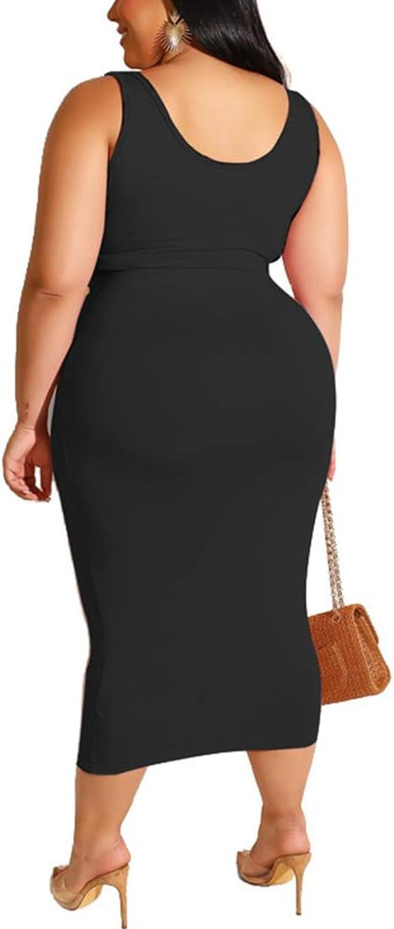 Women Sexy plus Size 2 Piece Dress Outfit Solid Tank Top Midi Skirt Set Black XL