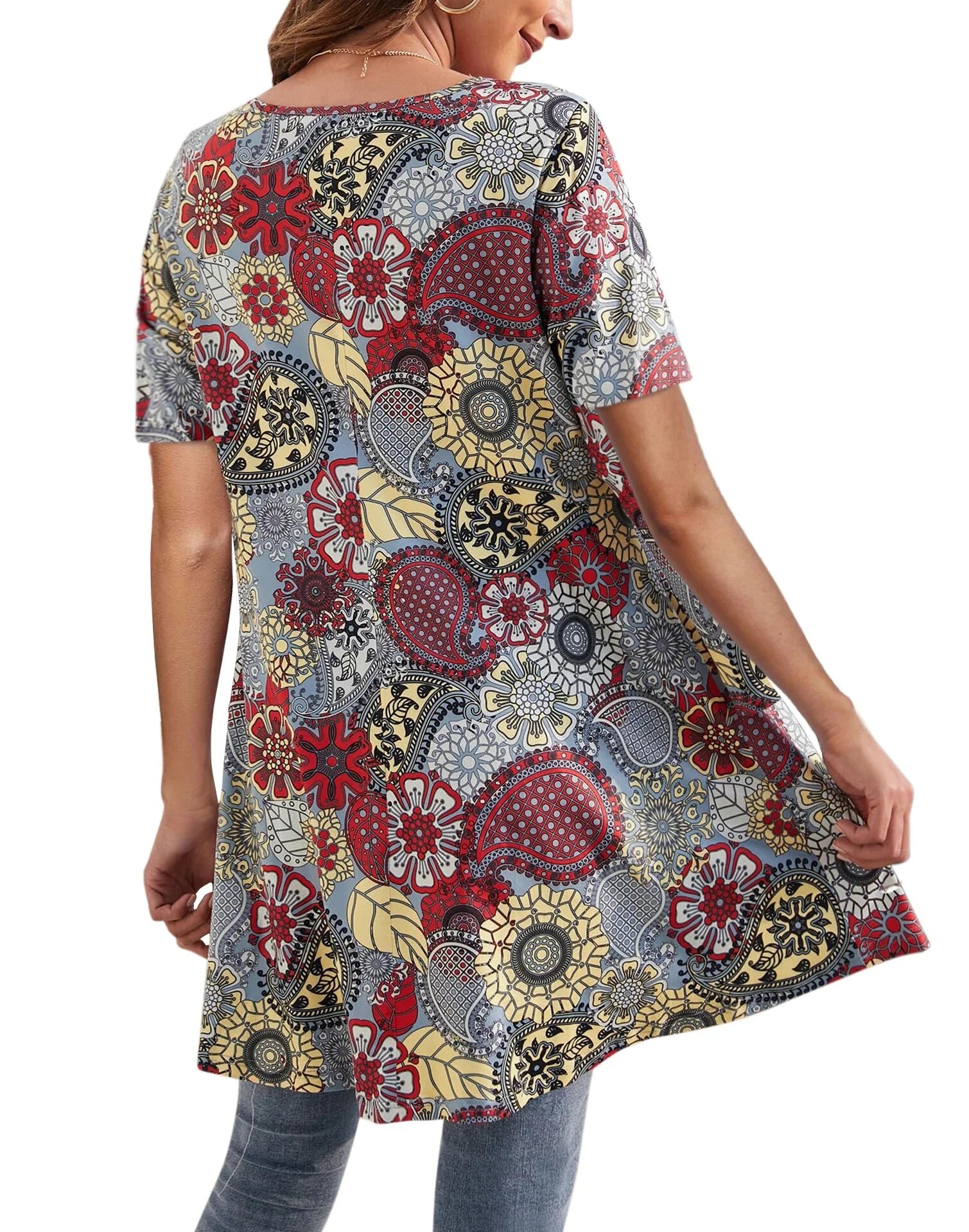 plus Size Womens Tunic Tops Short Sleeve Casual Floral Shirts Swing Flare Dressy Blouses