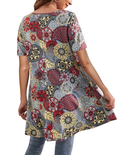plus Size Womens Tunic Tops Short Sleeve Casual Floral Shirts Swing Flare Dressy Blouses