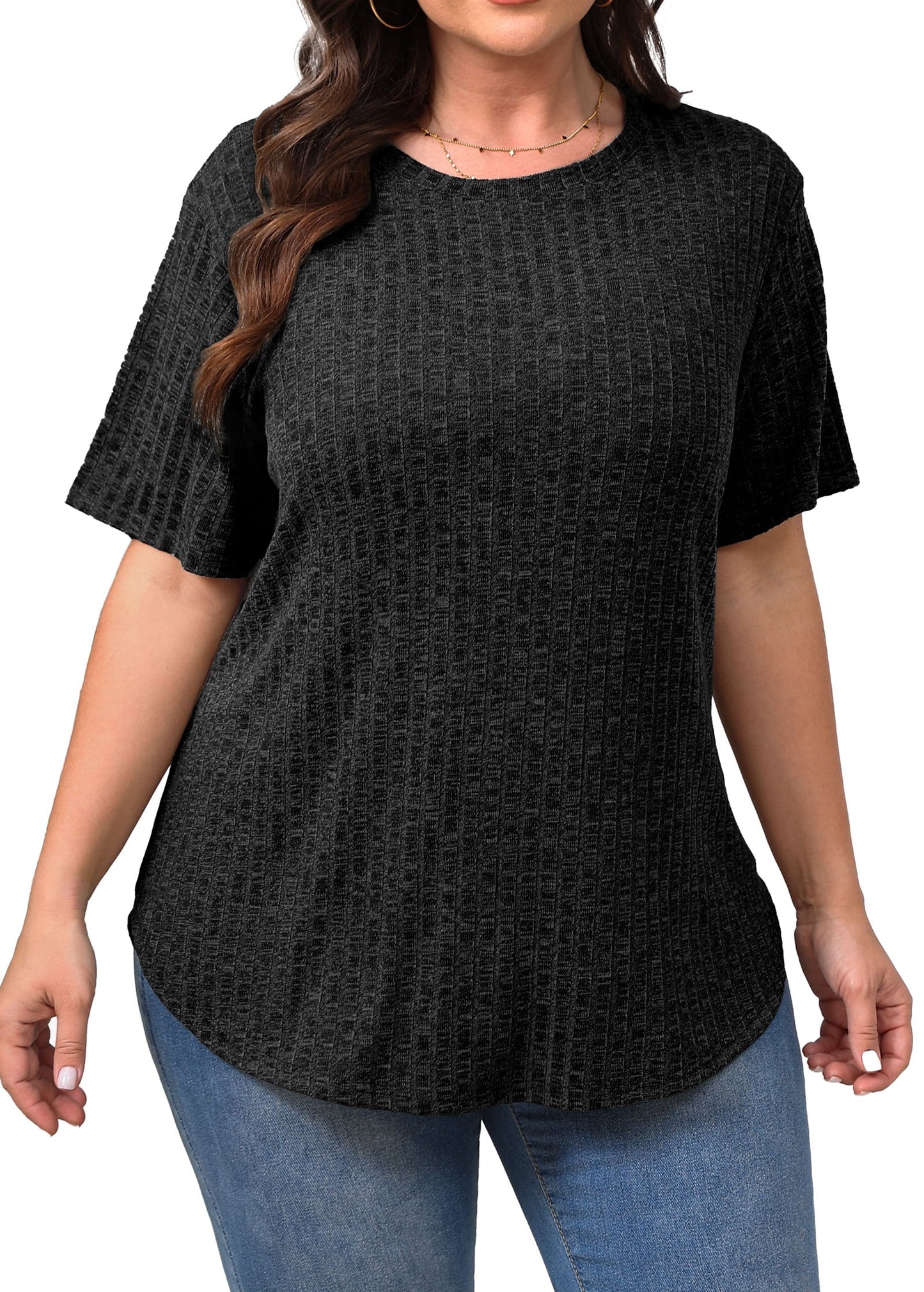 Womens plus Size Tops Crewneck Short Sleeve Shirts Casual Loose Tunic Tops Curved Hem Summer Blouses