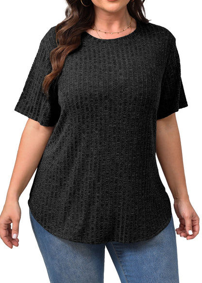 Womens plus Size Tops Crewneck Short Sleeve Shirts Casual Loose Tunic Tops Curved Hem Summer Blouses