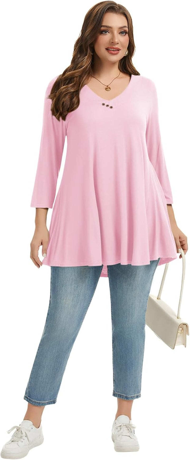 plus Size Tunic Women'S 3/4 Sleeve Tops and Blouses V Neck Shirts Loose Basic Tee