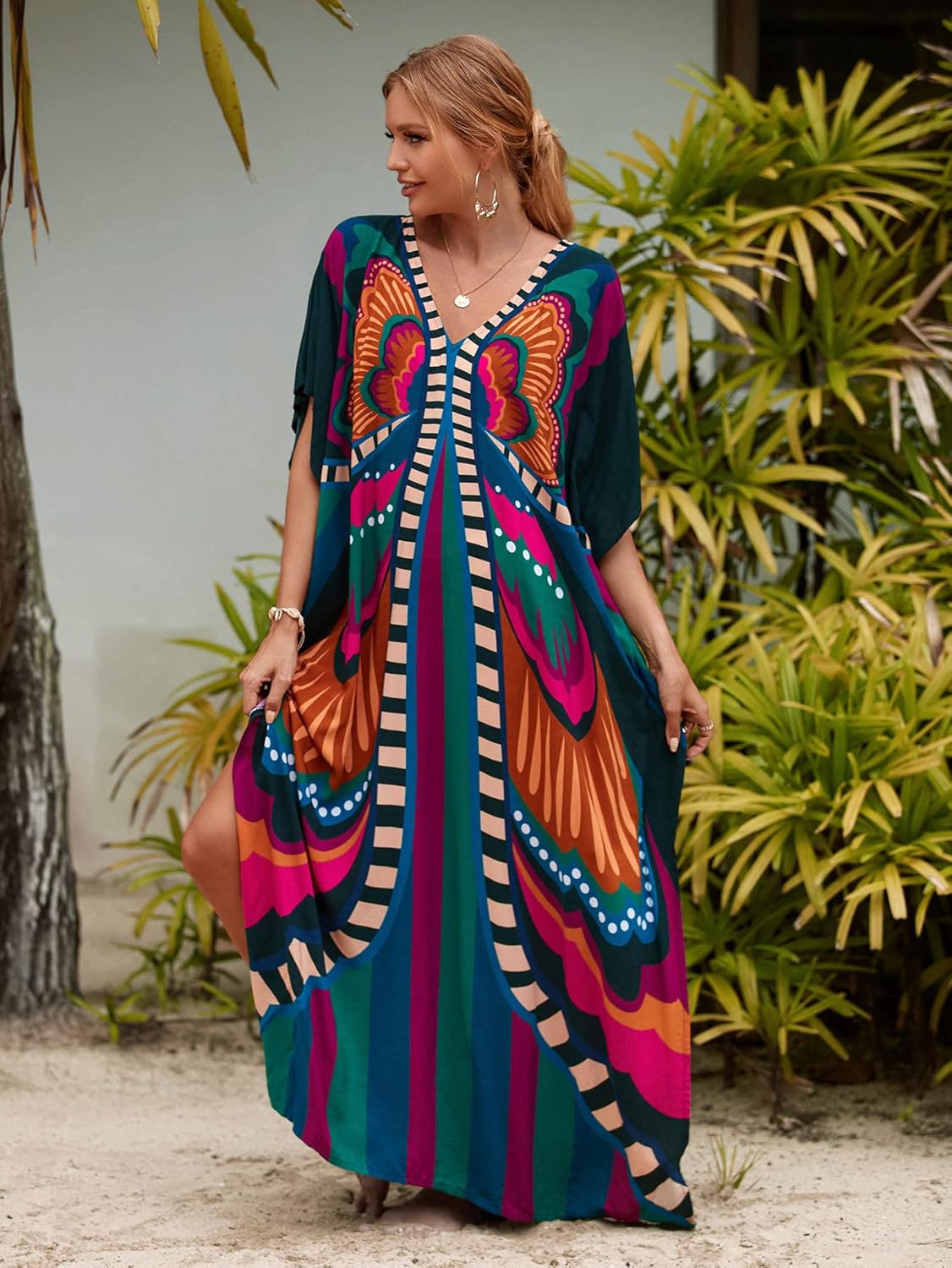 Kaftan Dresses for Women plus Size Lightweight Swimsuit Cover up Batwing Sleeve Print Loungewear Beach Robe