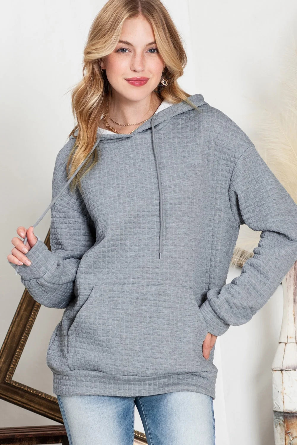 Womens Sweatshirts Hoodies Sweatshirt Long Sleeve Waffle Hoodies Pullover Casual Oversized Hooded Sweatshirts with Pocket Gray M