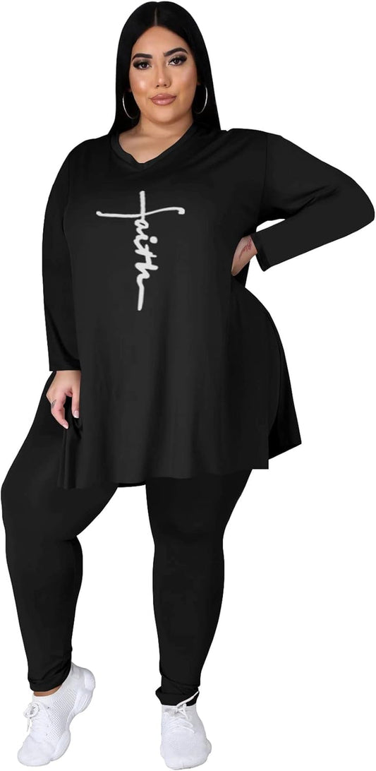 Women'S plus Size Two Piece Outfits Loungewear Sets Long Sleeve Oversized Tshirts Sweatpants Sweatsuits Sets