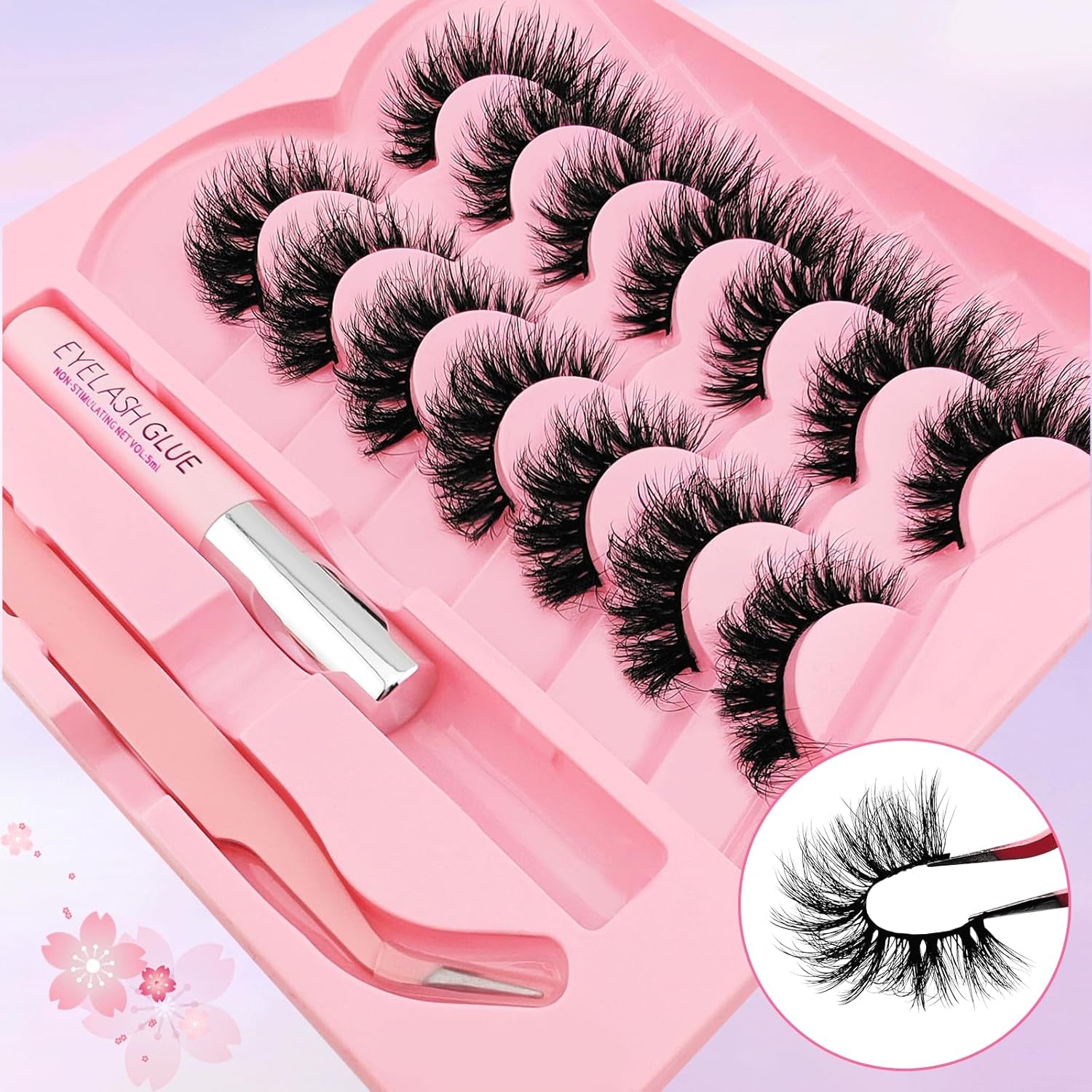 Lashes Kit with Glue and Tweezer Cat-Eye Lashes Flu-Ffy 18Mm Fox Eye Lashes, Curly Volume Eyelashes Faux Mink Lashes, That Look like Extensions Lashes Wispy Natural Look 7 Pairs Pack(Kits-Xk05)