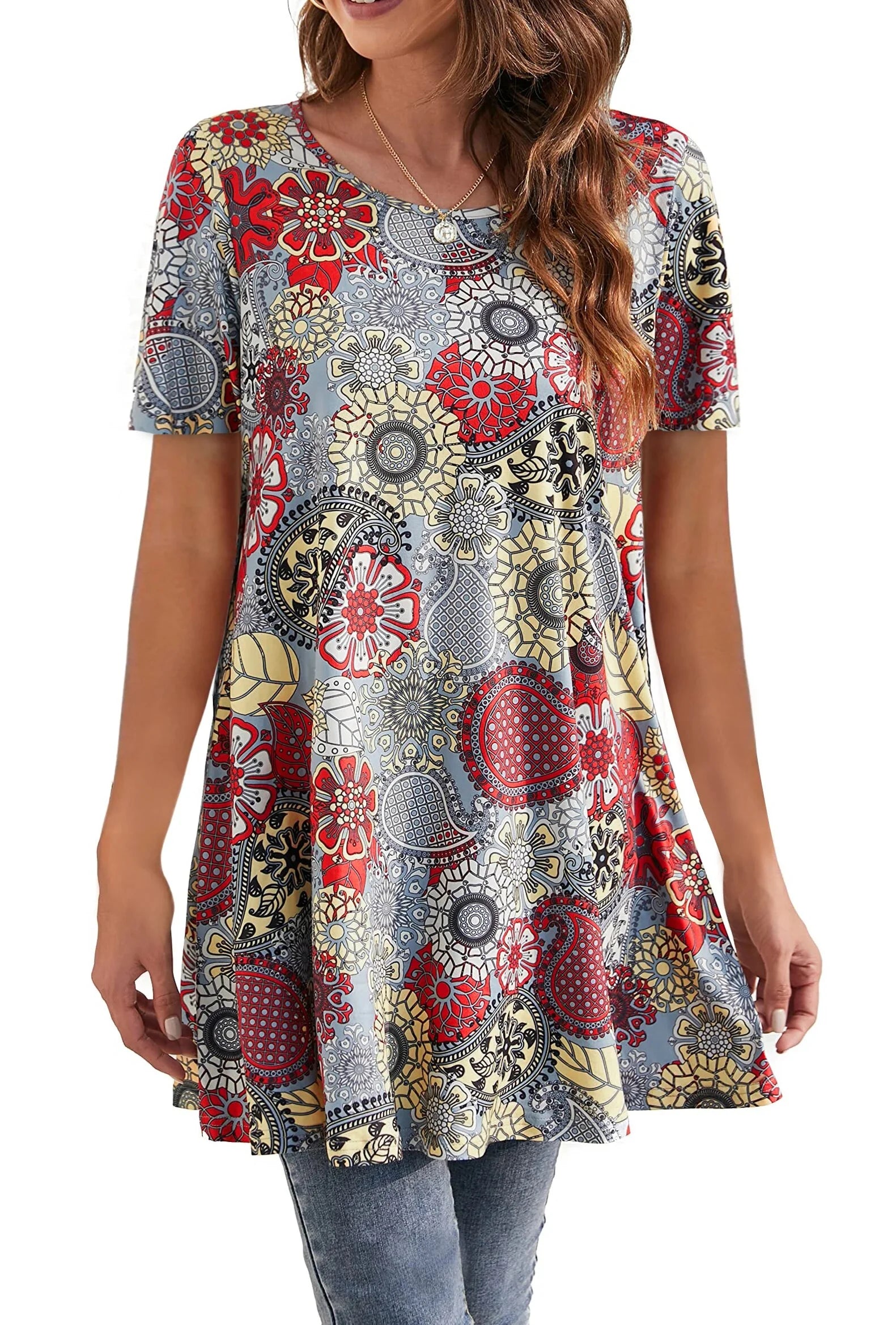 plus Size Womens Tunic Tops Short Sleeve Casual Floral Shirts Swing Flare Dressy Blouses