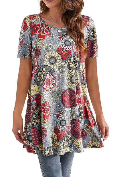 plus Size Womens Tunic Tops Short Sleeve Casual Floral Shirts Swing Flare Dressy Blouses