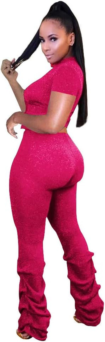 Sexy Club Outfits for Women Sequin Pants and Tops 2 Piece Bodycon Jumpsuits Sets Rose