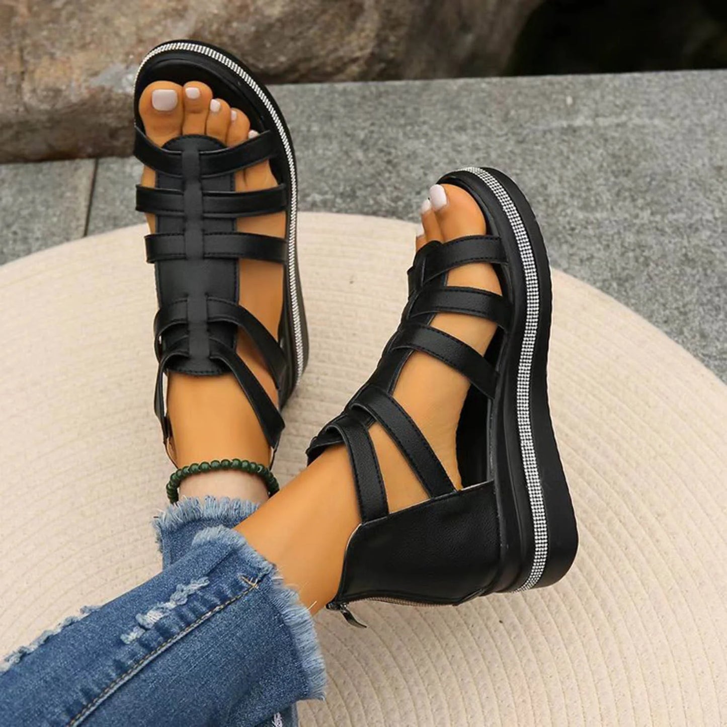 Womens Gladiator Sandals, Soft Sole Breathable Wide Width Summer Wedge Shoes Black
