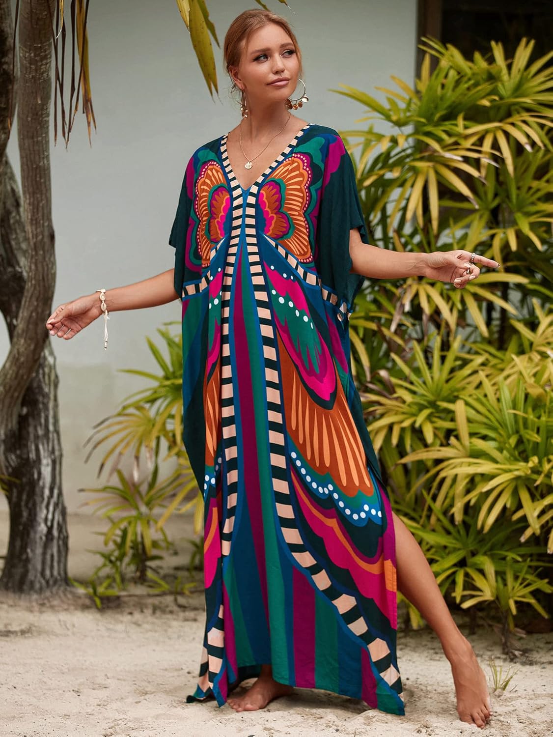 Kaftan Dresses for Women plus Size Lightweight Swimsuit Cover up Batwing Sleeve Print Loungewear Beach Robe