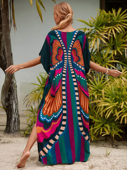 Kaftan Dresses for Women plus Size Lightweight Swimsuit Cover up Batwing Sleeve Print Loungewear Beach Robe