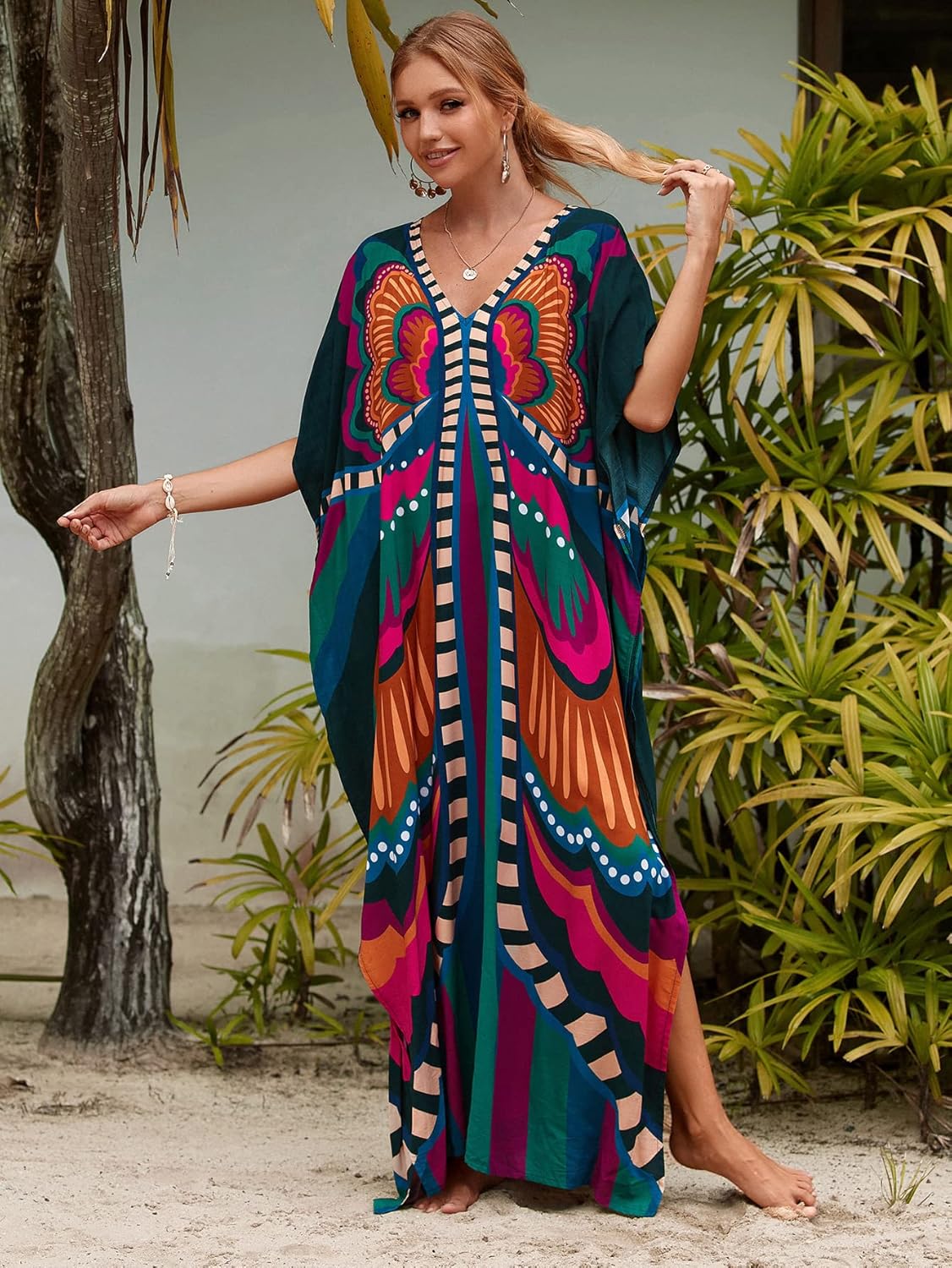 Kaftan Dresses for Women plus Size Lightweight Swimsuit Cover up Batwing Sleeve Print Loungewear Beach Robe