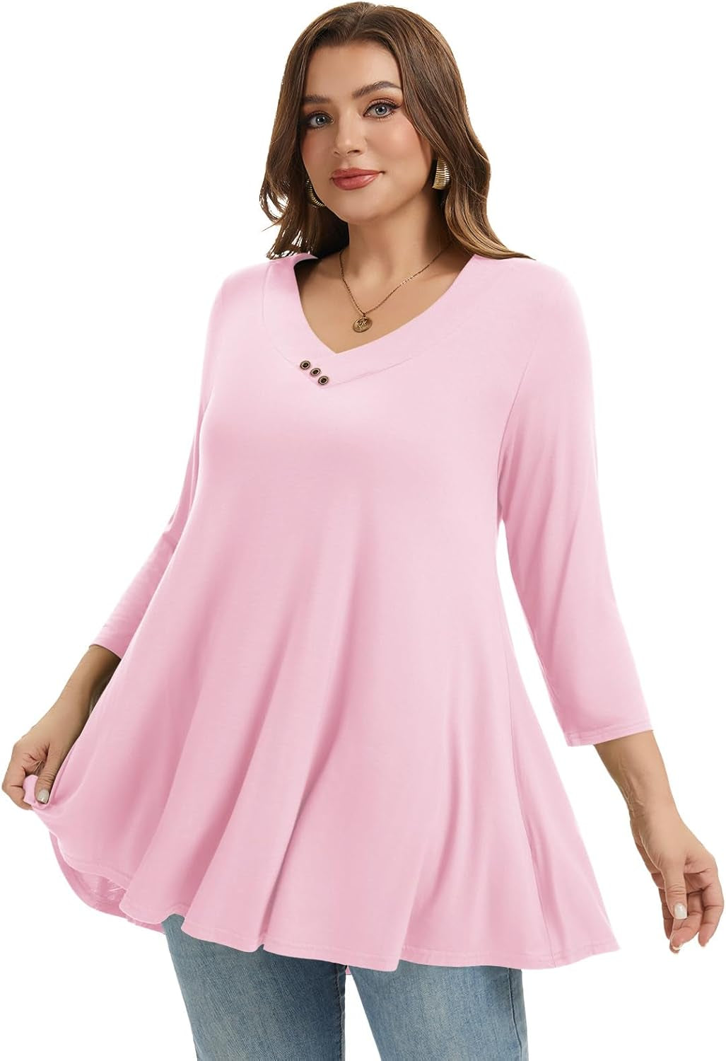 plus Size Tunic Women'S 3/4 Sleeve Tops and Blouses V Neck Shirts Loose Basic Tee