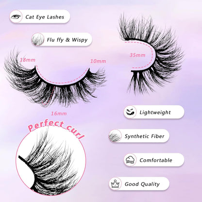 Lashes Kit with Glue and Tweezer Cat-Eye Lashes Flu-Ffy 18Mm Fox Eye Lashes, Curly Volume Eyelashes Faux Mink Lashes, That Look like Extensions Lashes Wispy Natural Look 7 Pairs Pack(Kits-Xk05)