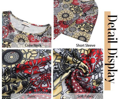 plus Size Womens Tunic Tops Short Sleeve Casual Floral Shirts Swing Flare Dressy Blouses