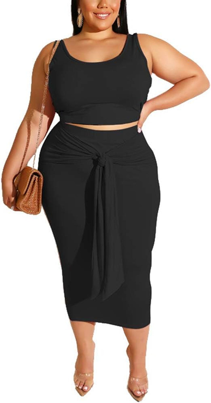 Women Sexy plus Size 2 Piece Dress Outfit Solid Tank Top Midi Skirt Set Black XL