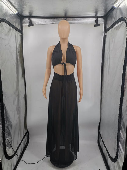 Women'S Sexy Chiffon 2 Piece Dress Outfits Sleeveless Ruffle Crop Top Pleated Long Skirt 2 Piece Maxi Dress Purple