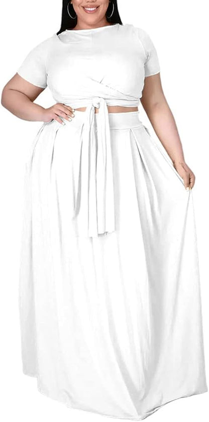 Womens plus Size 2 Piece Dress Outfits Solid Color Crop Top Maxi Skirts Set