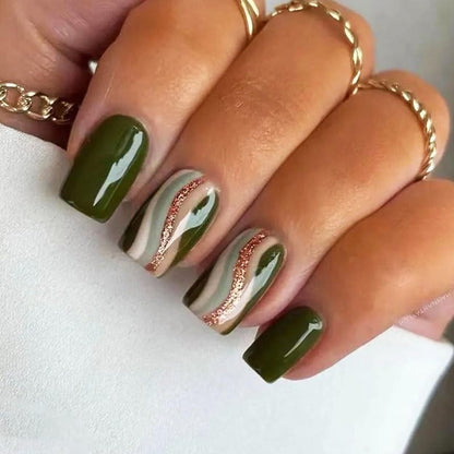 Green Press on Nails Short Medium Square Fake Nails with Fashion Glod Waves Design, Press Ons Artificial Acrylic Full Cover False Stick on Nail for Women Girls Daily Wear Wedding 24Pcs