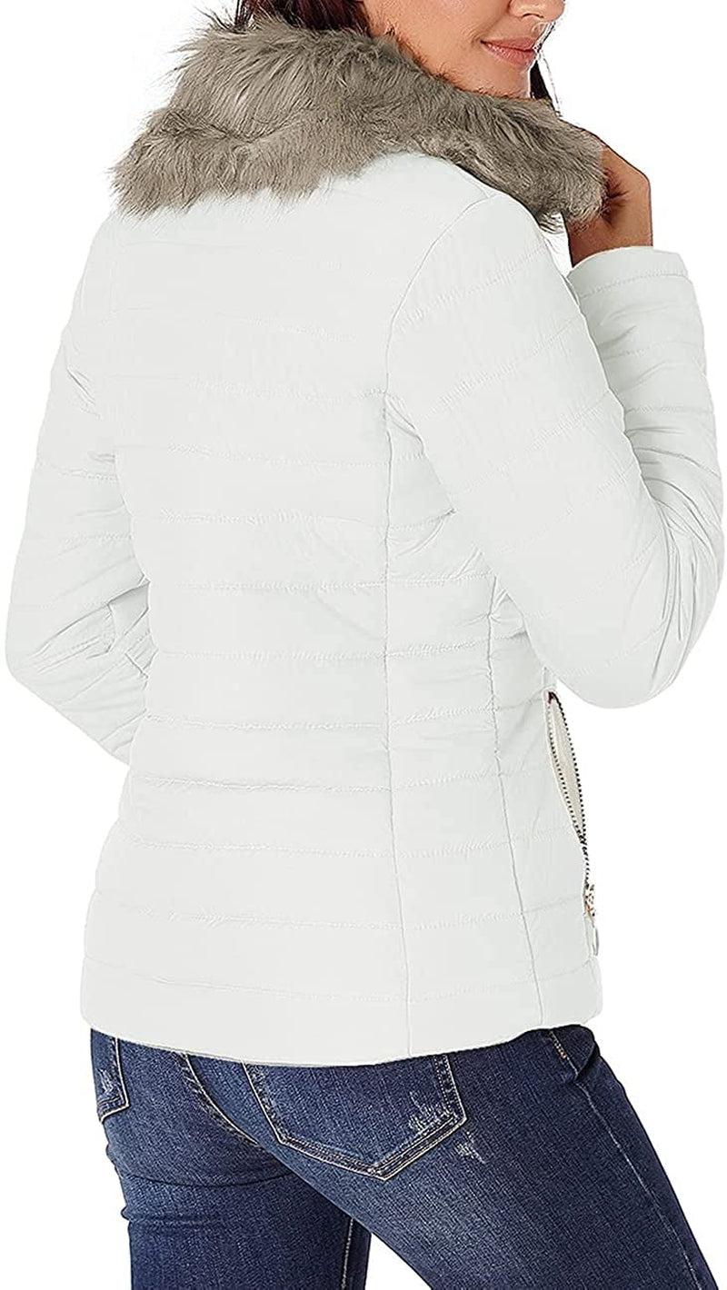 Women Parka Coat Pockets Quilted Puffer Jacket with Faux Fur Lapel, Size S-2XL