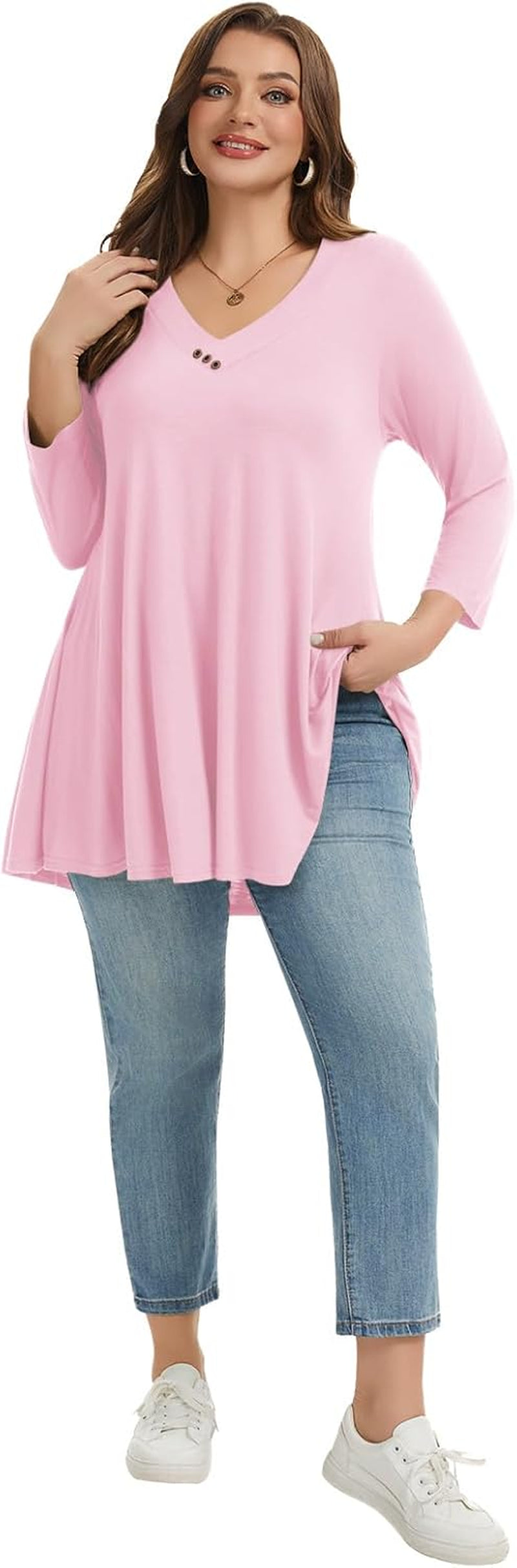 plus Size Tunic Women'S 3/4 Sleeve Tops and Blouses V Neck Shirts Loose Basic Tee