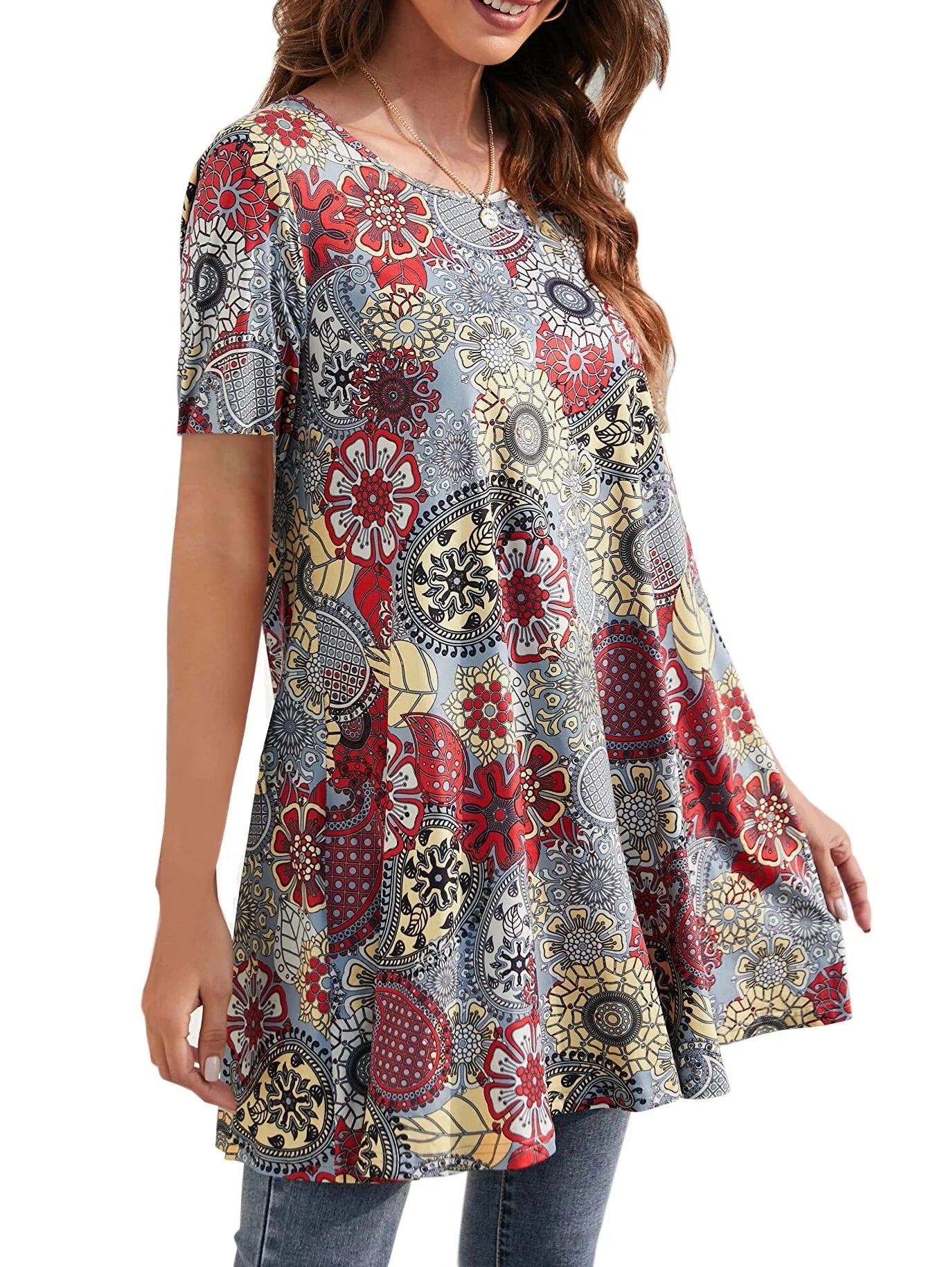 plus Size Womens Tunic Tops Short Sleeve Casual Floral Shirts Swing Flare Dressy Blouses