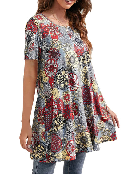 plus Size Womens Tunic Tops Short Sleeve Casual Floral Shirts Swing Flare Dressy Blouses