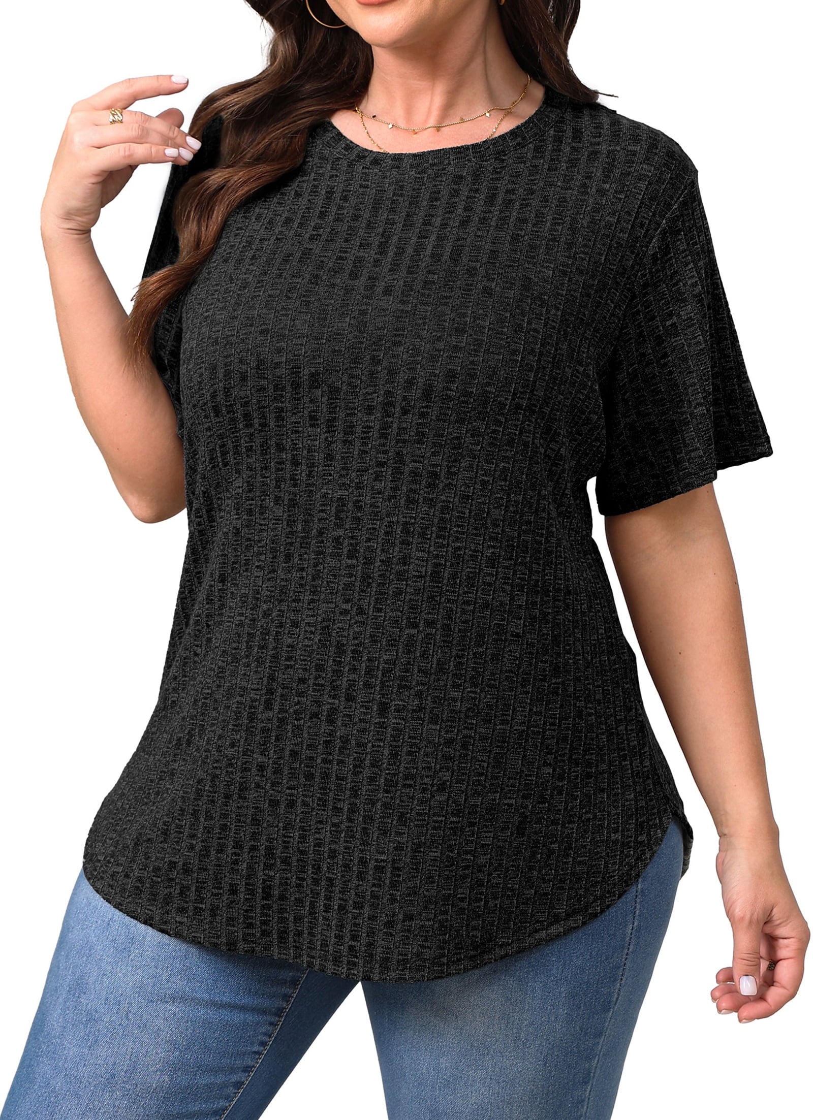 Womens plus Size Tops Crewneck Short Sleeve Shirts Casual Loose Tunic Tops Curved Hem Summer Blouses