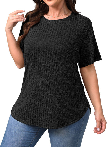 Womens plus Size Tops Crewneck Short Sleeve Shirts Casual Loose Tunic Tops Curved Hem Summer Blouses