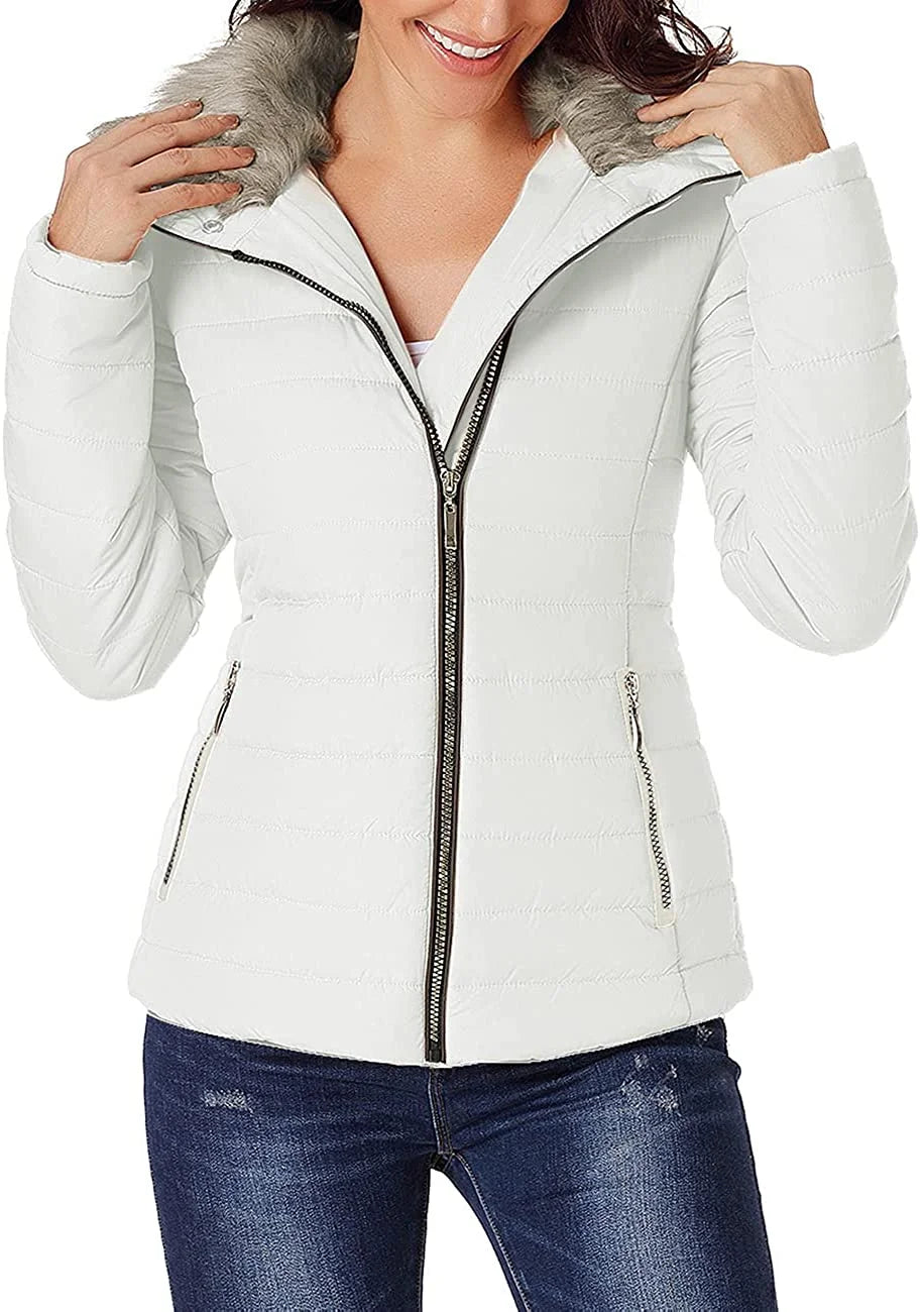 Women Parka Coat Pockets Quilted Puffer Jacket with Faux Fur Lapel, Size S-2XL
