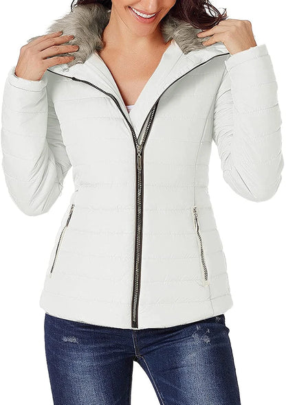 Women Parka Coat Pockets Quilted Puffer Jacket with Faux Fur Lapel, Size S-2XL