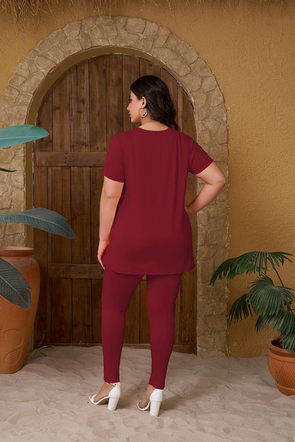 Women plus Size 2 Piece Outfits Short Sleeve Top and Legging Pant Set Lounge Sets Tracksuit