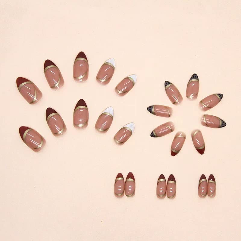 24 Pcs Almond Press on Nails French Tip Fake Nails Oval Shape False Nails with Gold Line Stripes Foil Leopard Designs Glossy Full Cover Glue on Nails Acrylic Nails for Women Girls DIY Maniture Decorations